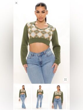 Fashion Nova Olive & Cream Argyle Cropped Collared Sweater